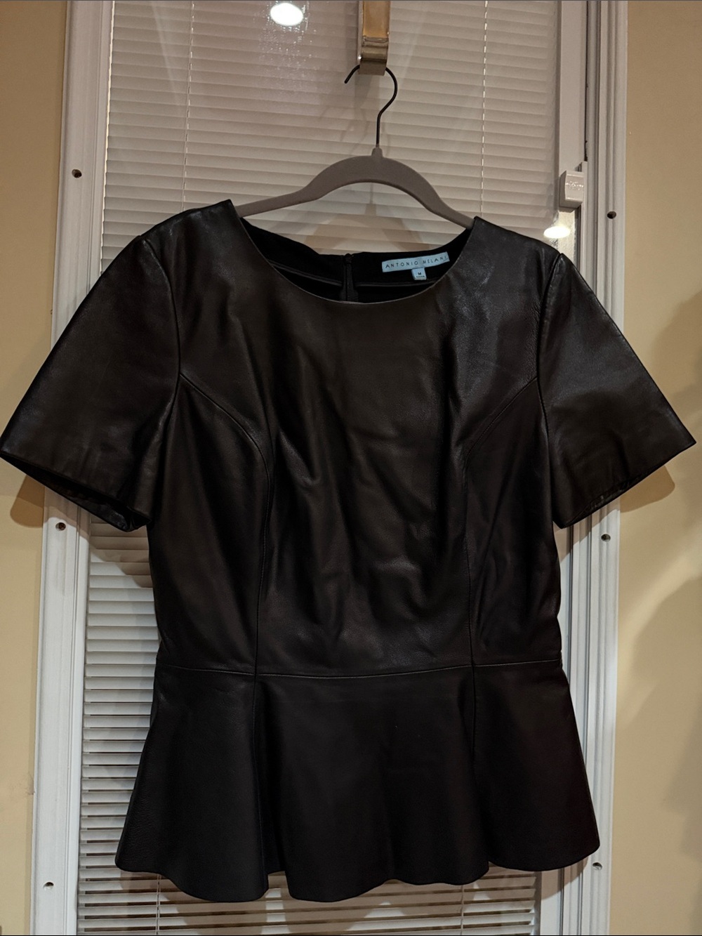 ANTONIO MELANI Black Leather Peplum Short-Sleeve Dress Top